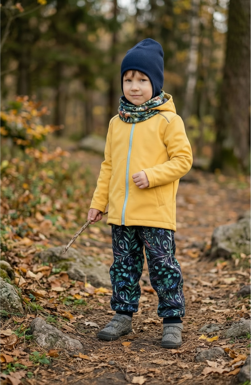 Spodnie softshell dziecięce - gałązki fioletowo zielone