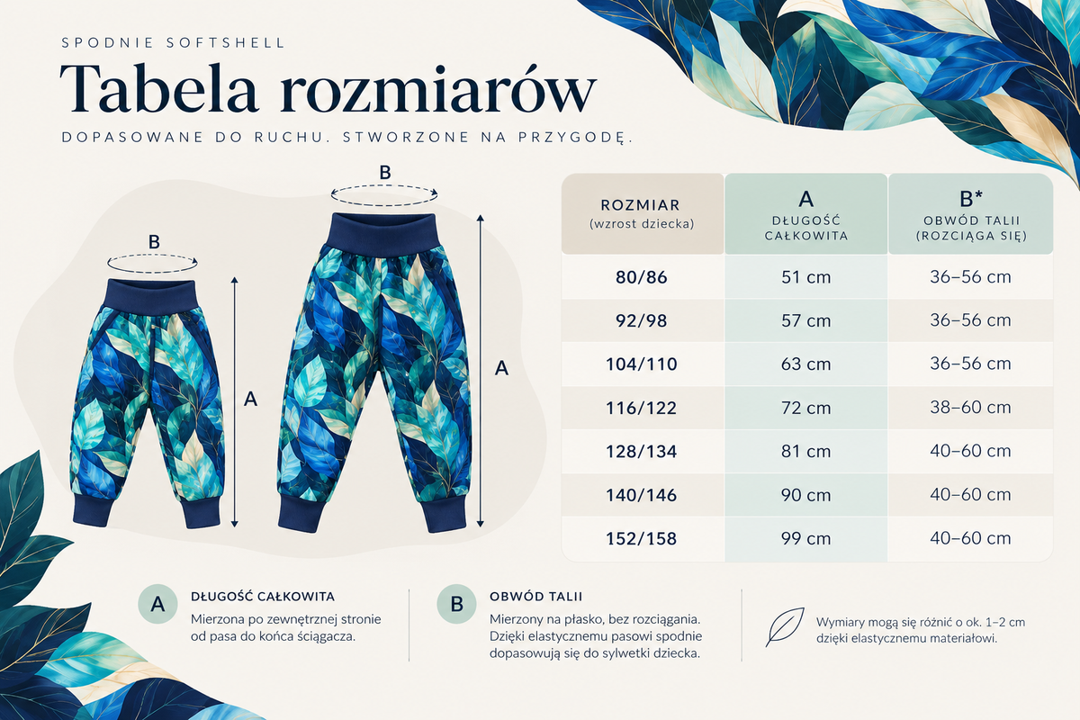 Spodnie softshell dziecięce - rosnące - szmaragdowe liście