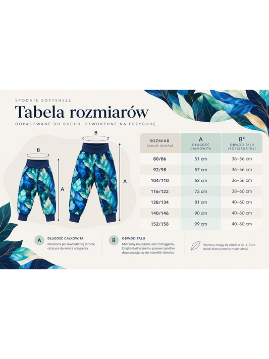 Tabela rozmiarów spodni softshell Mamaiti z wzorem Szmaragdowe Liście