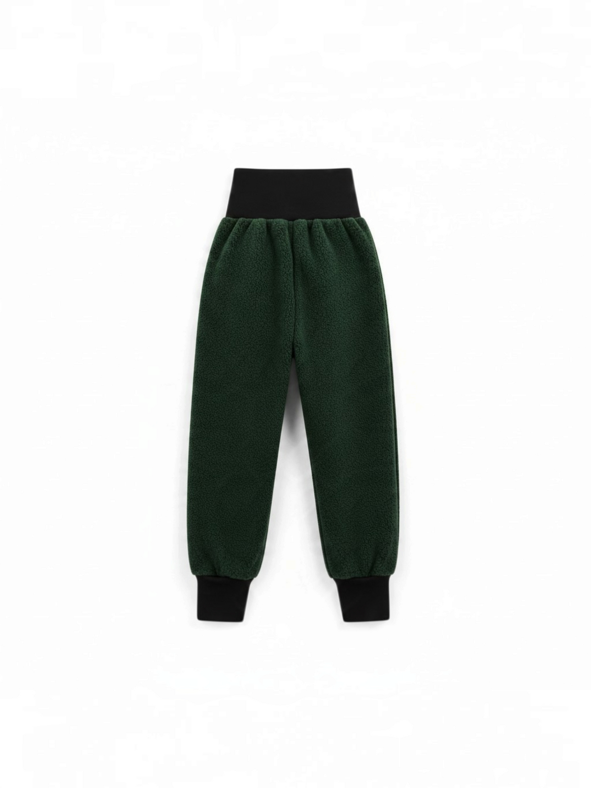Ciemnozielone spodnie polarowe MAMAITI z wysokim czarnym ściągaczem w pasie i przy nogawkach, idealne pod softshell.