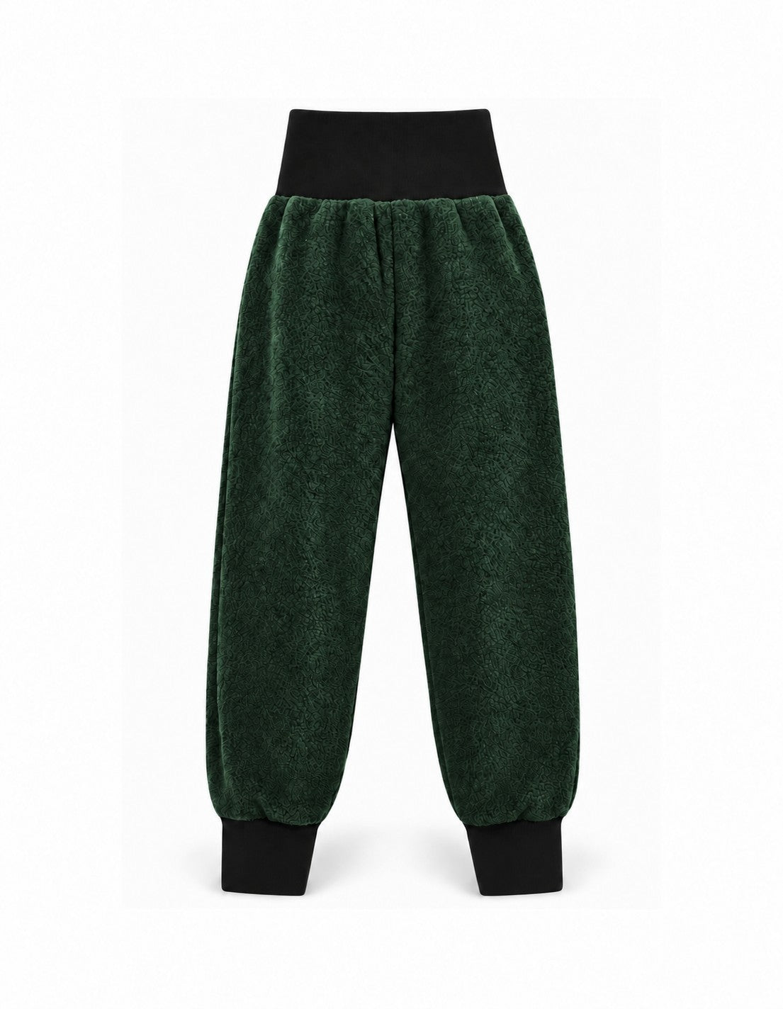 Ciemnozielone spodnie polarowe MAMAITI z wysokim czarnym ściągaczem w pasie i przy nogawkach, idealne pod softshell.